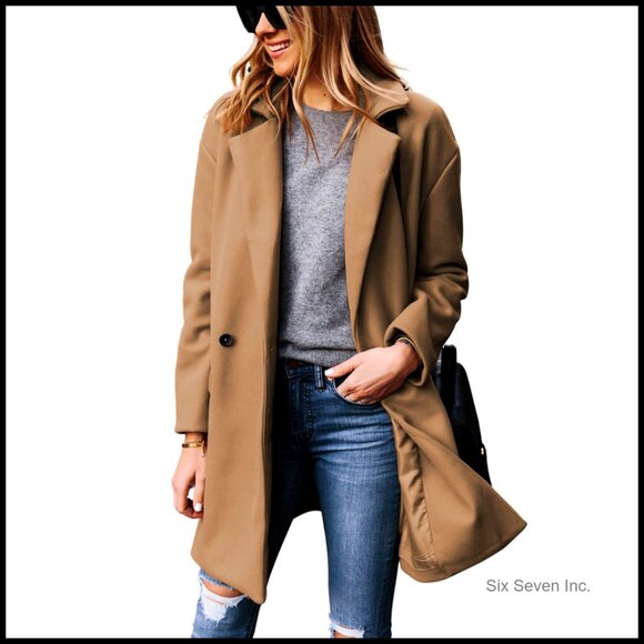 Women's Wool Blend Pea Coat Notched Lapel Blazer Jacket